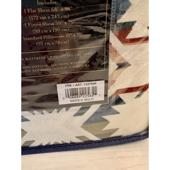 Pendleton Twin Flannel Sheet Set 3 PC Cotton Washable White S. Multi Aztec NEW - Picture 5 of 10